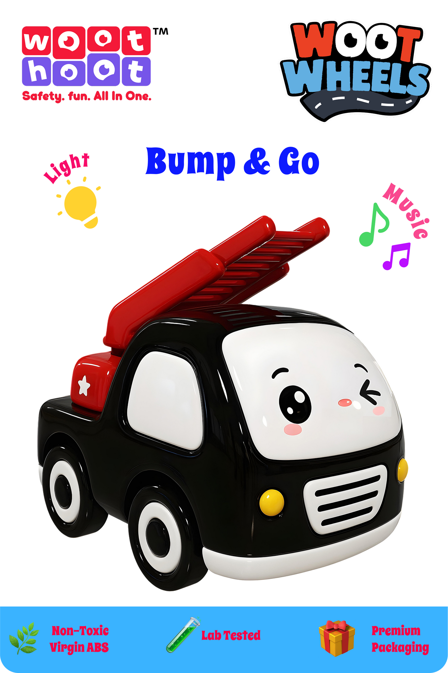 Woot Wheels | Fire Fighter | Bump & Go | Lights & Happy Music | Battery Operated Plastic Toy